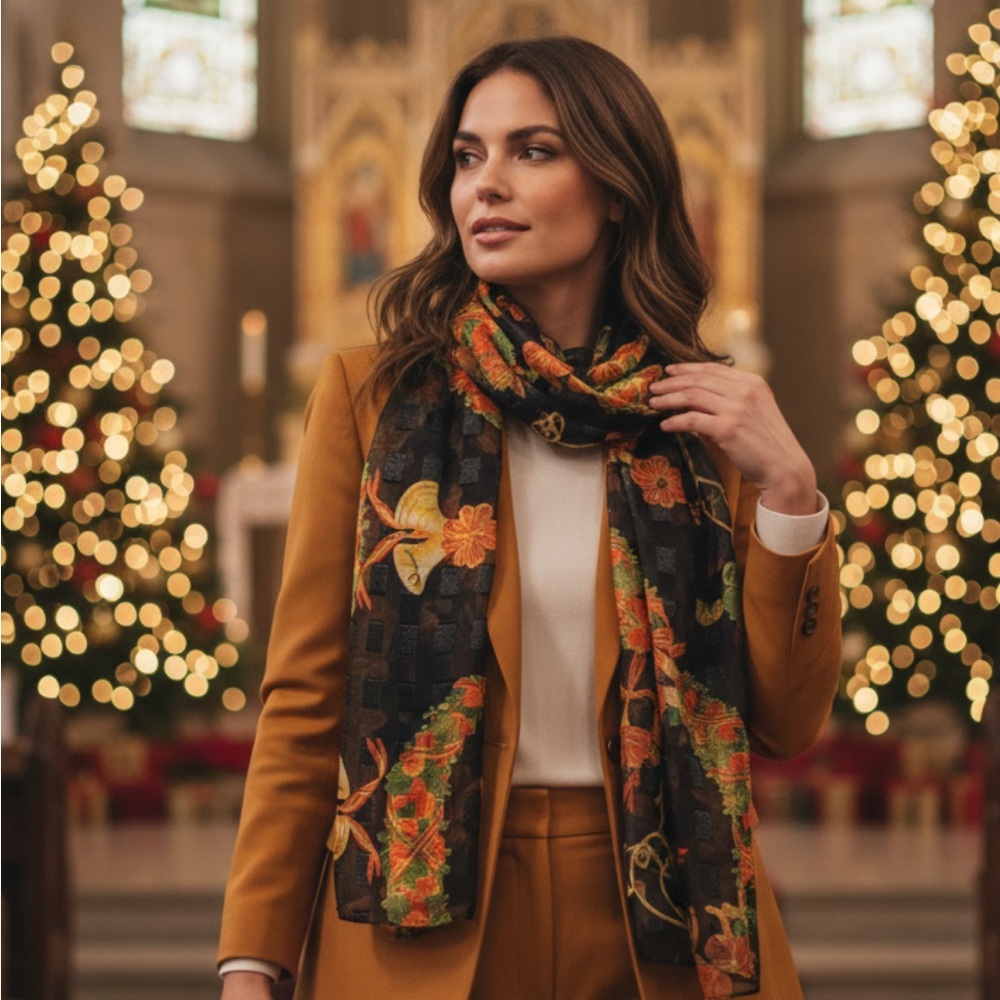 Floral Black and Orange Christmas, semi sheer Scarf